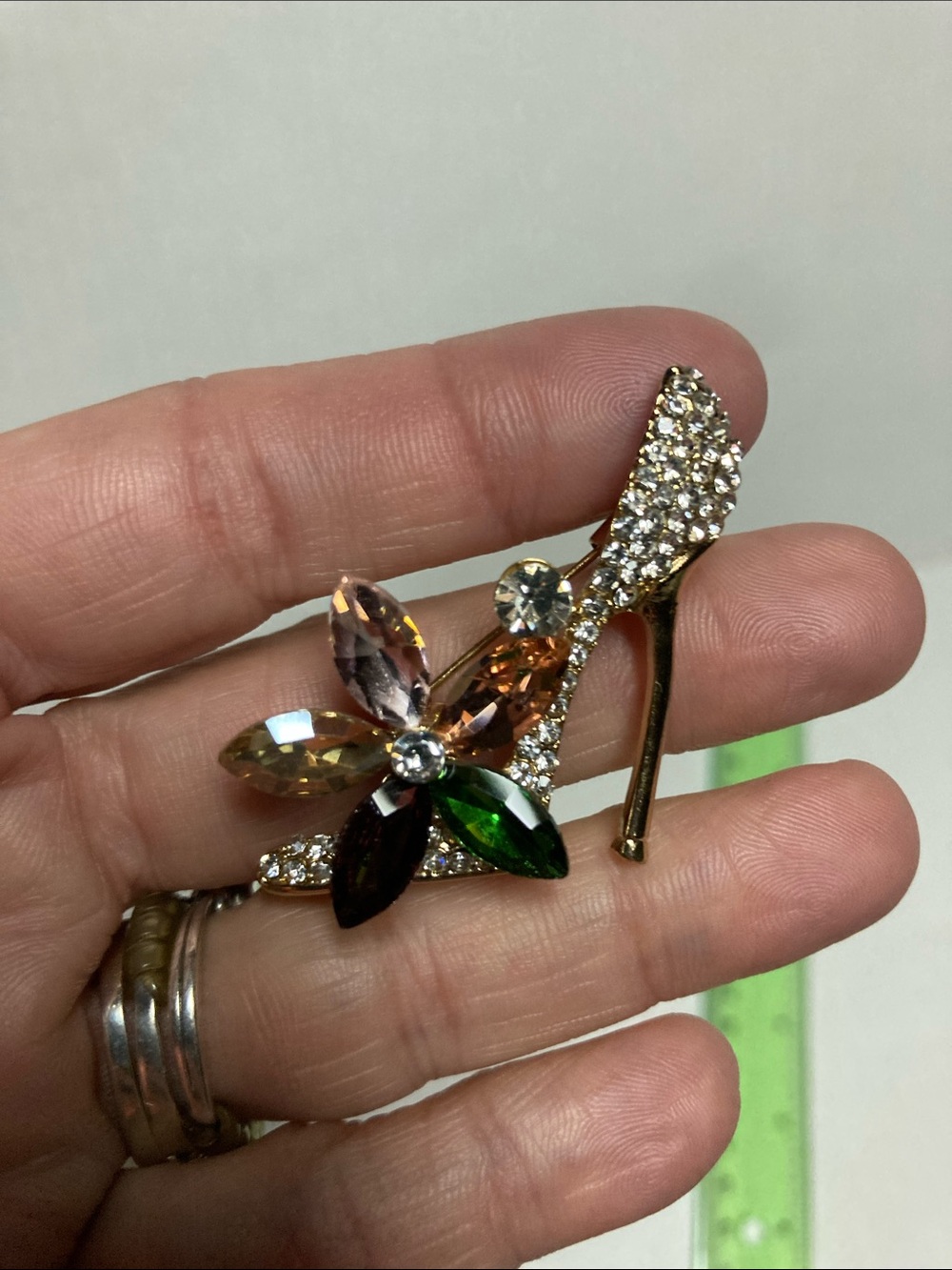 Gold-Tone High Heel Brooch with Multicolor Crystal Floral Accent